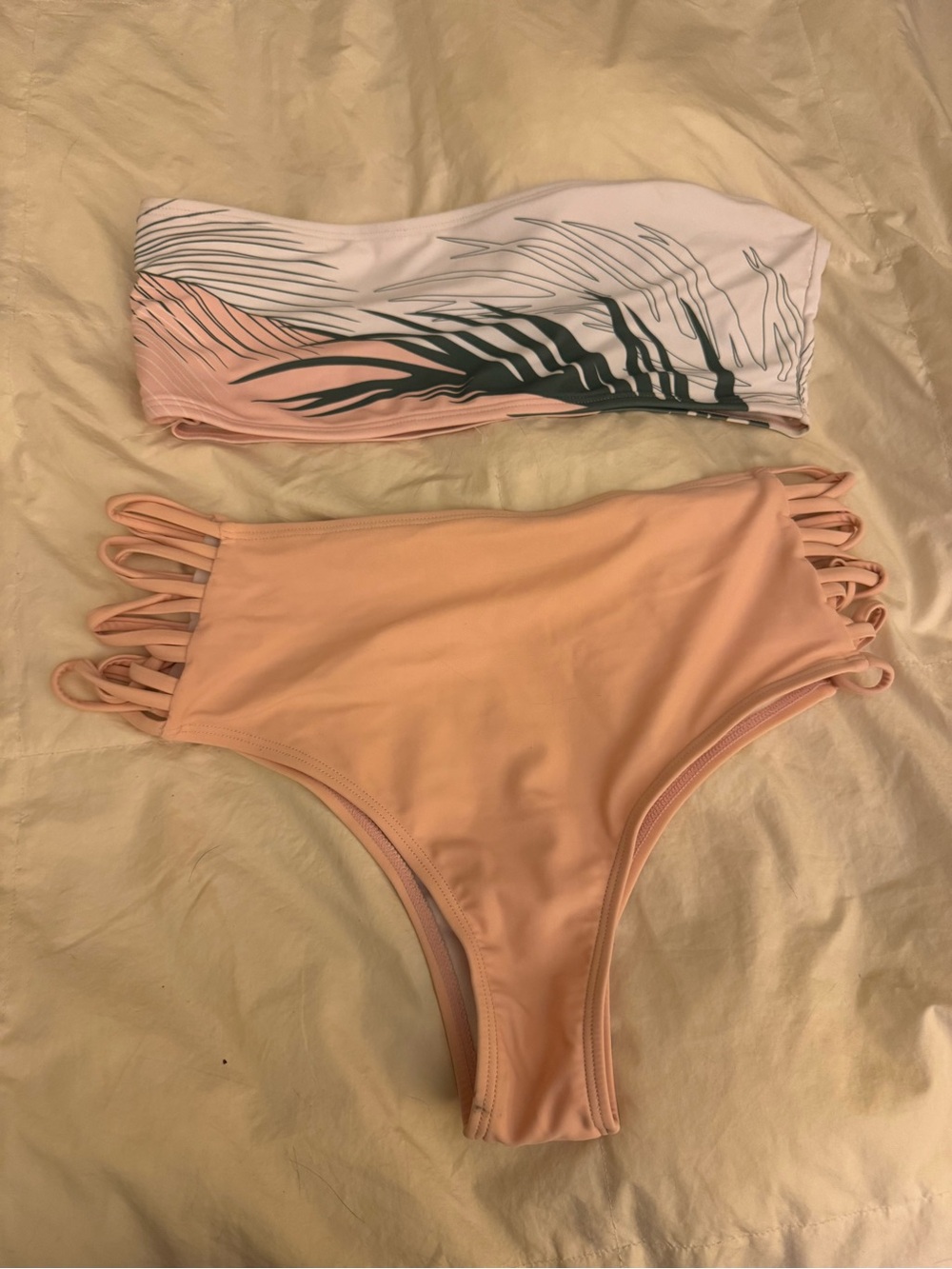 Peach High-Waist Strappy Bikini Bottom with Palm-Print Bandeau